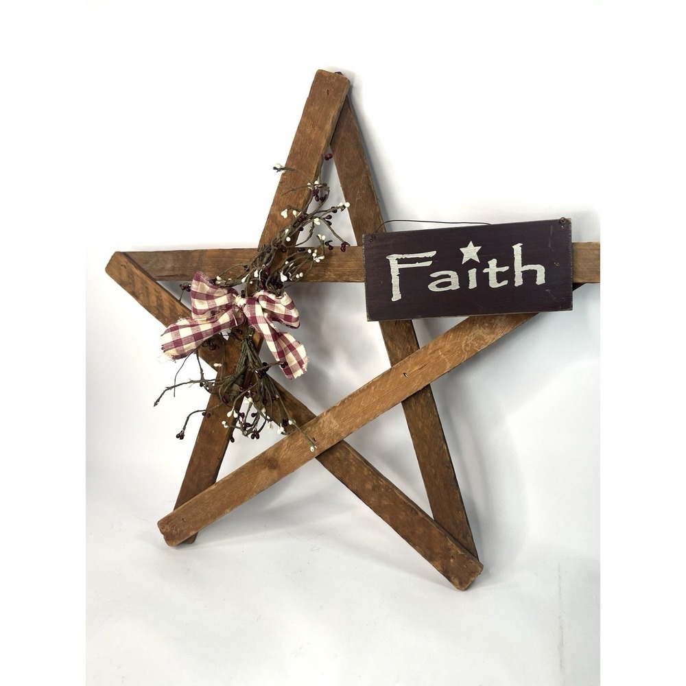 Primitive Wooden Faith Star Wall Hanging Rustic Country Farmhouse Wreath